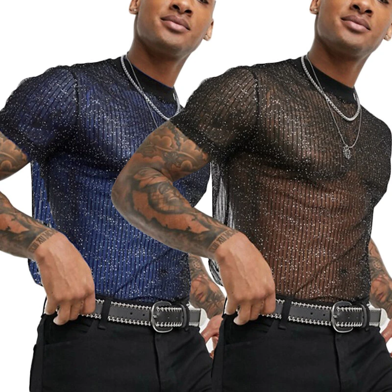 (image for) Men Mesh See-Through T-Shirt Training Fitness Sport Casual Short Sleeve Slim Fit Thin Tee Tops